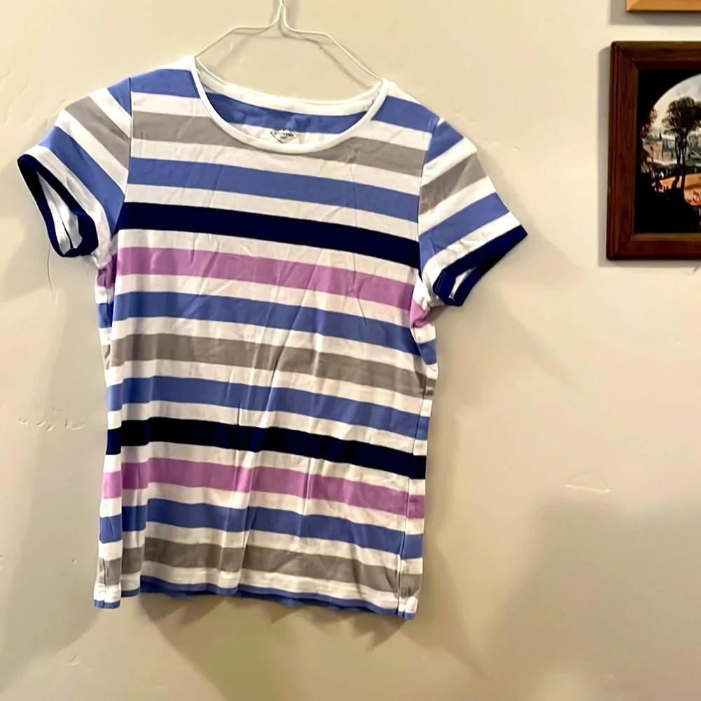 Women’s Short Sleeved T-Shirt, Stripes, Pink, Blue, Gray, White, Size Medium - Picture 1 of 4